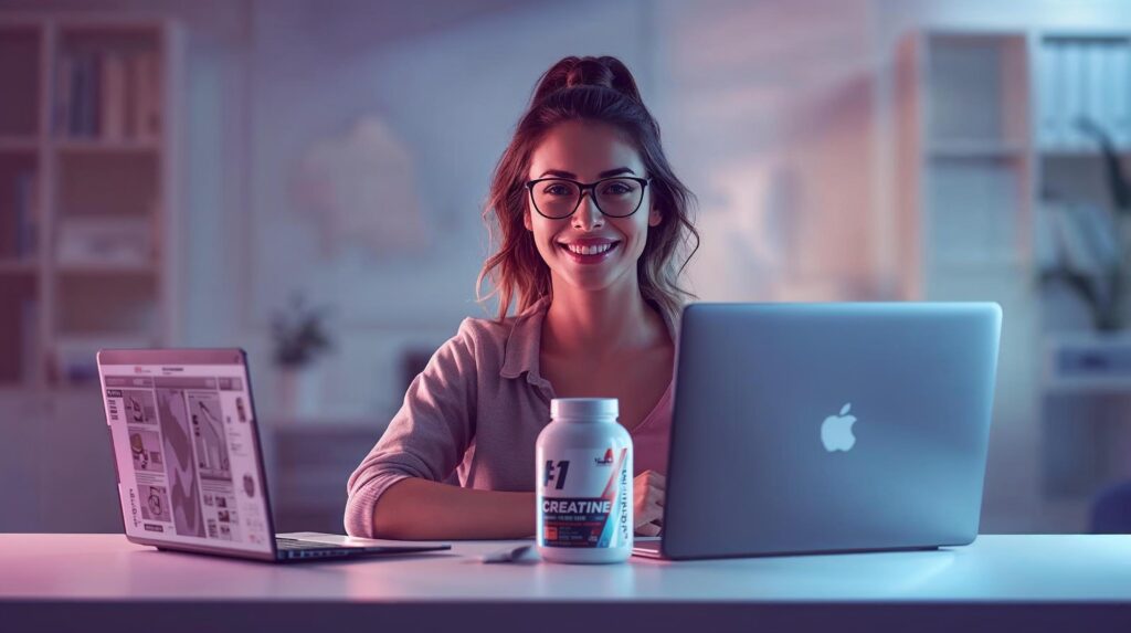 Mulher jovem focada e alerta trabalhando no laptop com creatina monohidratada na mesa, representando os benefícios cognitivos da creatina para memória, concentração e produtividade no trabalho.