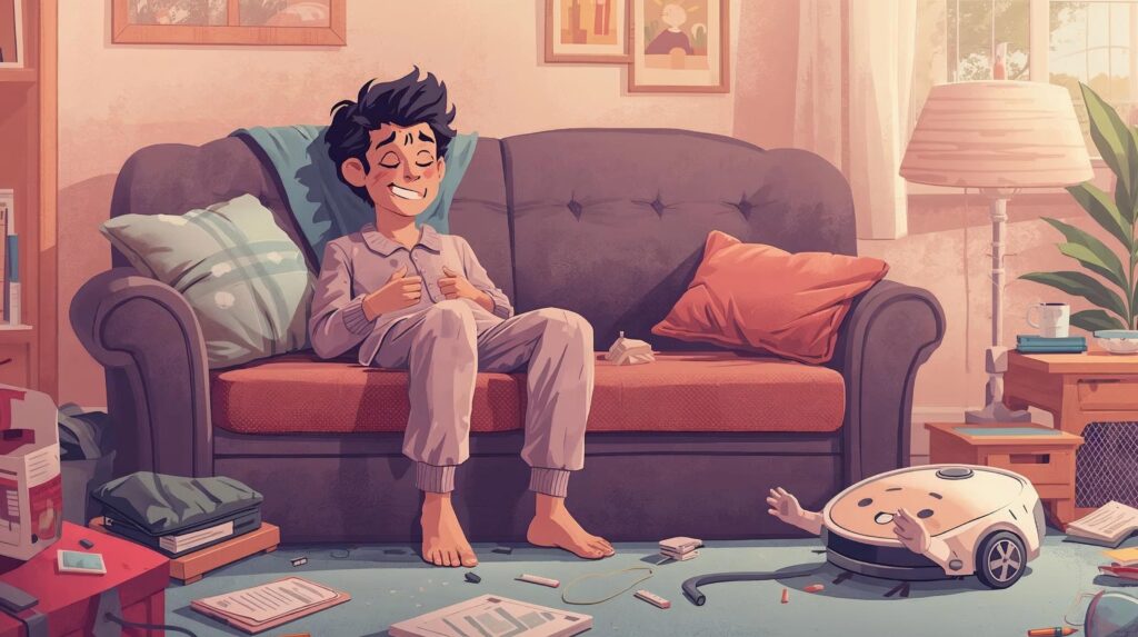 Millennial feliz sentado no sofá em casa enquanto robô aspirador fofo limpa o chão automaticamente, representando a solução perfeita para quem não quer varrer