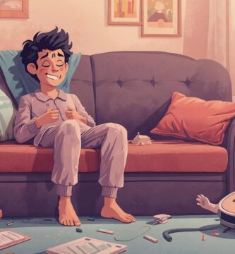 Millennial feliz sentado no sofá em casa enquanto robô aspirador fofo limpa o chão automaticamente, representando a solução perfeita para quem não quer varrer